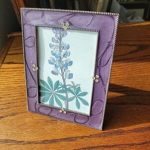 Vtg purple enamel metal picture frame rhinestone accents w/ botanical print Deco